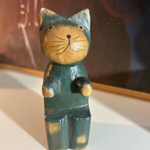 Vtg Handcarved Wooden Green Cat Figurine 6"